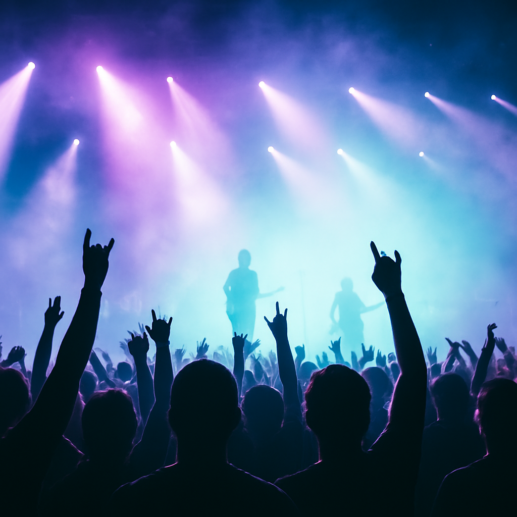 Multitud en un concierto con luces moradas y cian